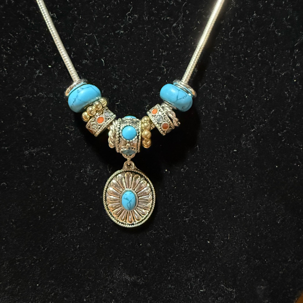 Turquoise And Silver Tone Pendant Necklace And Earring Set